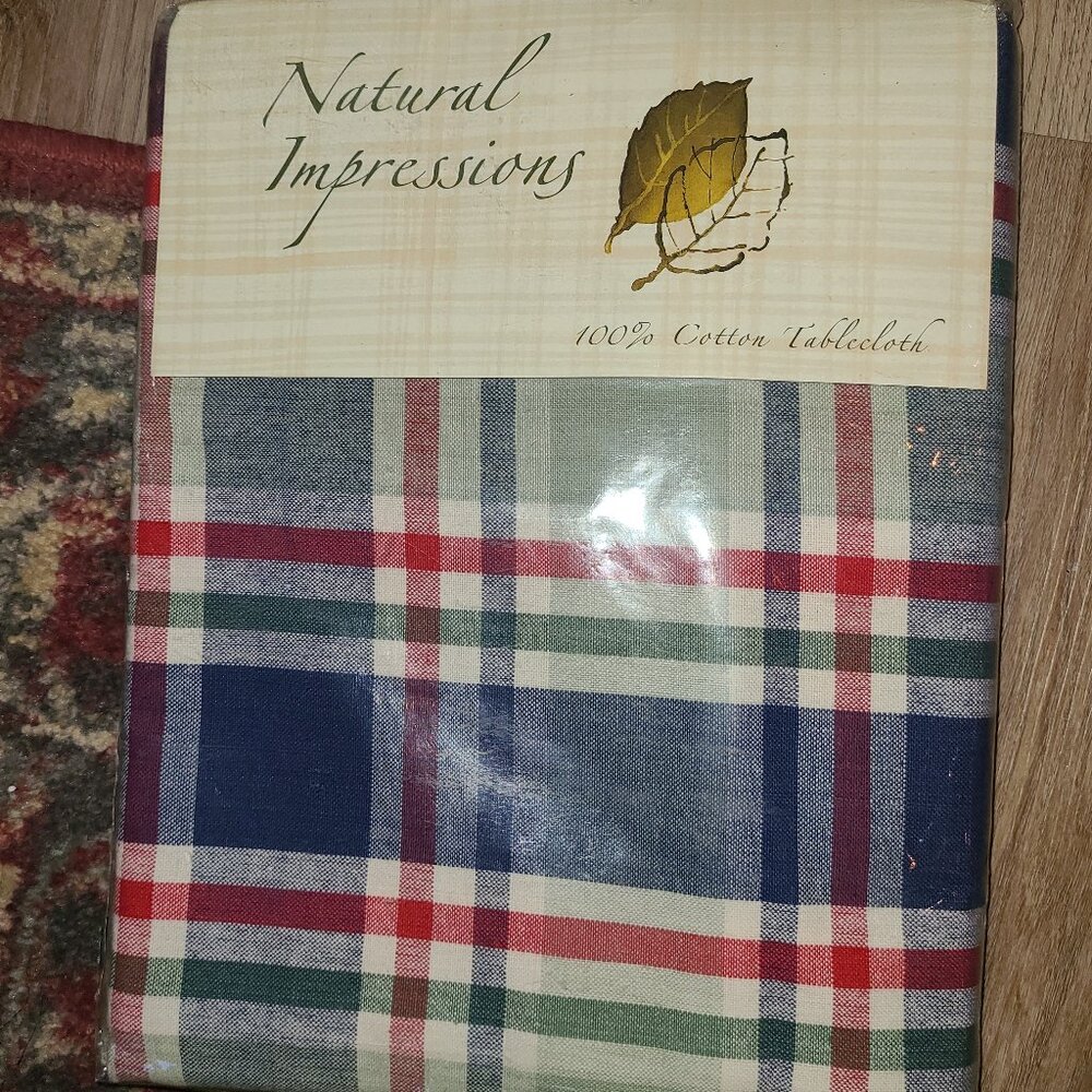 NEW Natural Impressions Block Island Plaid Tablecloth Oblong 60” x 84" Cotton